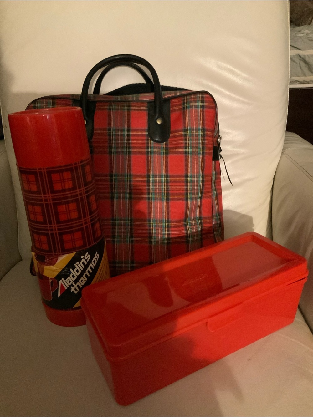 Vintage Plaid Aladdin  – Thermos -Box- Bag Set. Brand new never used. Lunch set.